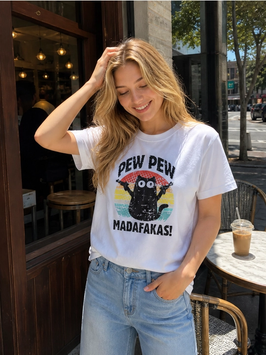 Ayollar uchun Pew Pew mushuk printli keng bichimli futbolka, 100% paxta