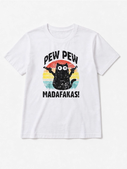 Ayollar uchun Pew Pew mushuk printli keng bichimli futbolka, 100% paxta