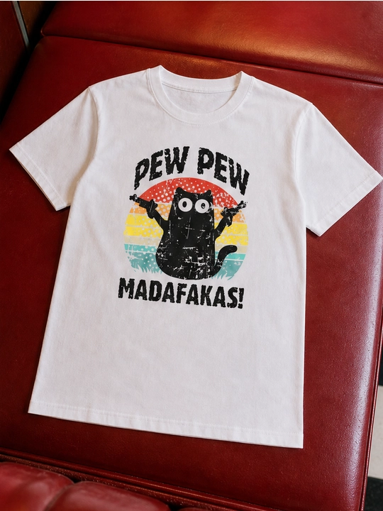 Ayollar uchun Pew Pew mushuk printli keng bichimli futbolka, 100% paxta