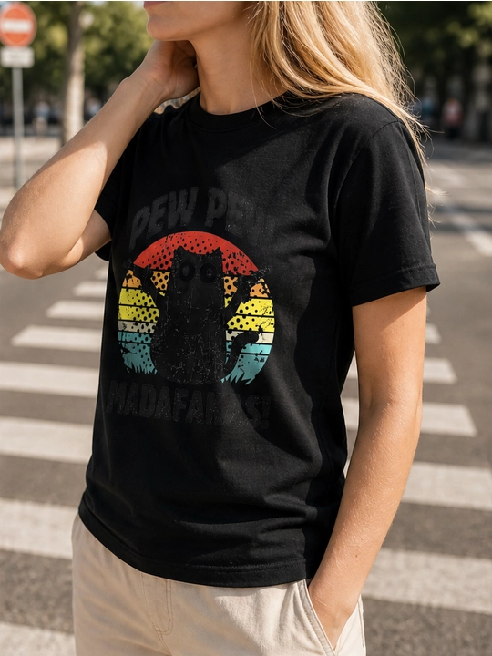 Ayollar uchun Pew Pew mushuk printli keng bichimli futbolka, 100% paxta