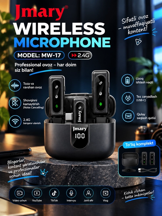 Jmary MW-17 2.4G Simsiz Mikrofon — 2 ta Mikrofon, Shovqinni Kamaytirish - 