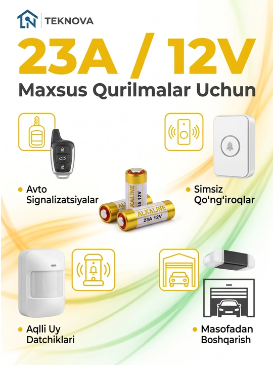 12V Alkalin batareya 23A/27A pult va signalizatsiya uchun, 1/2/5 dona