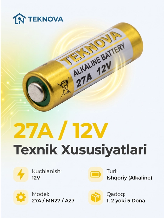 12V Alkalin batareya 23A/27A pult va signalizatsiya uchun, 1/2/5 dona