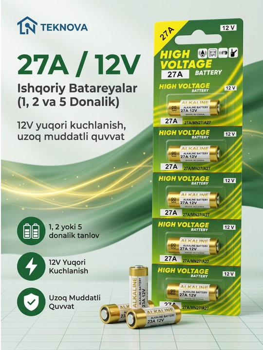 12V Alkalin batareya 23A/27A pult va signalizatsiya uchun, 1/2/5 dona - 
