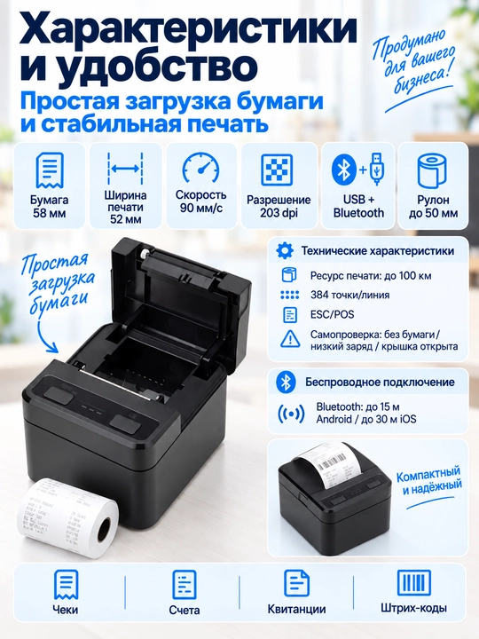Принтер для печати чеков в кассе с Блютузом. POS-принтеры или принтеры чеков