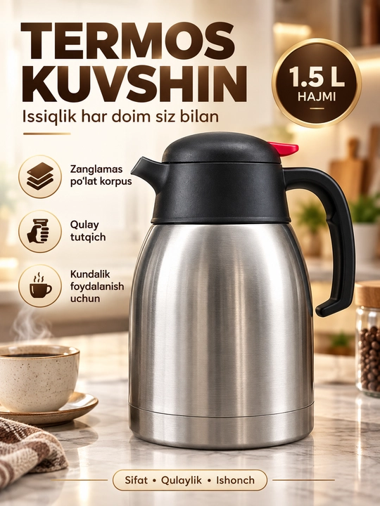 Termos-kuvshin 1,2 l, zanglamaydigan po‘lat korpusli, 20×10 sm