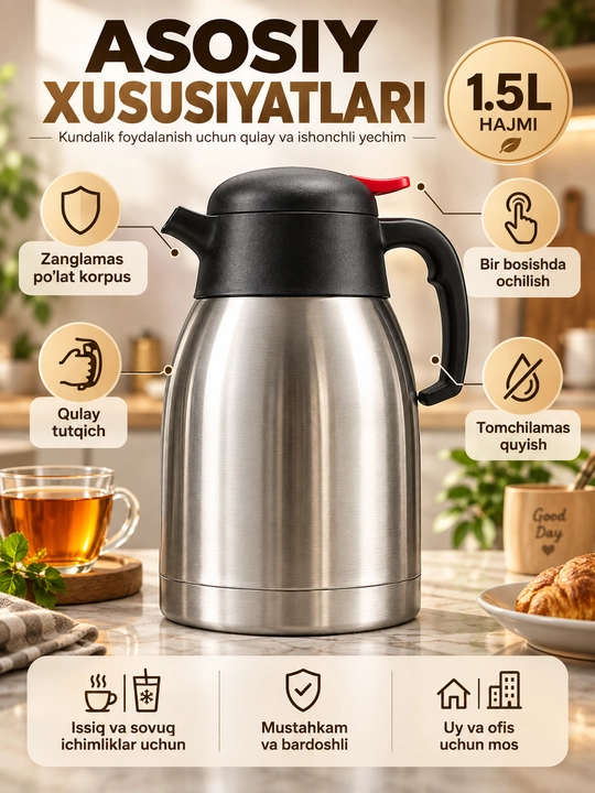 Termos-kuvshin 1,2 l, zanglamaydigan po‘lat korpusli, 20×10 sm