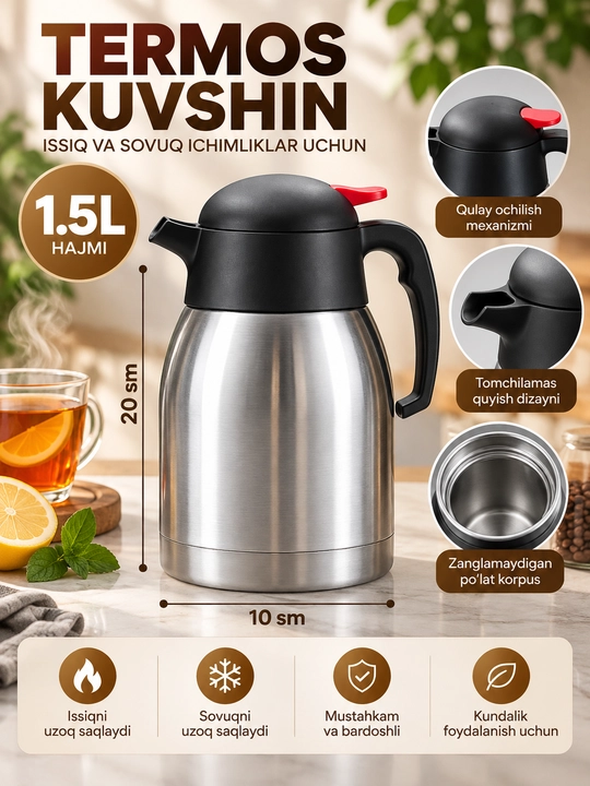 Termos-kuvshin 1,2 l, zanglamaydigan po‘lat korpusli, 20×10 sm