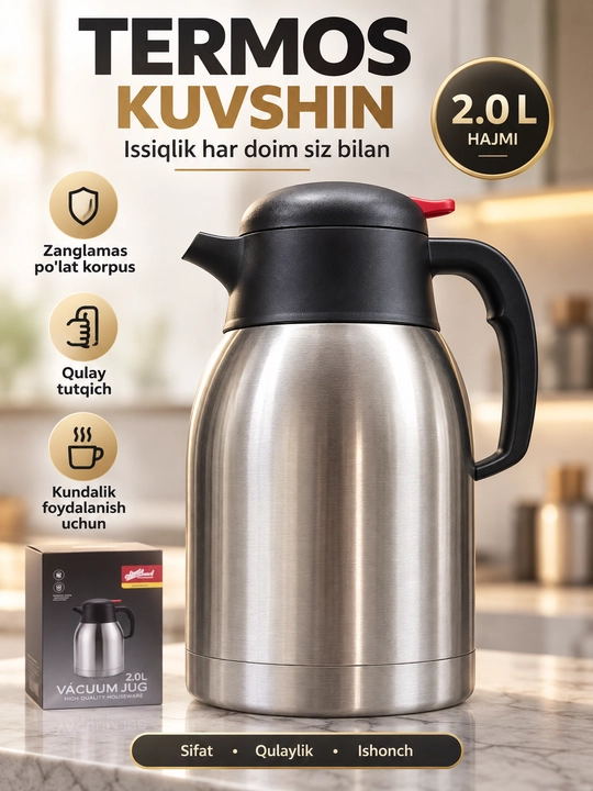 Termos-kuvshin 1,2 l, zanglamaydigan po‘lat korpusli, 20×10 sm - 