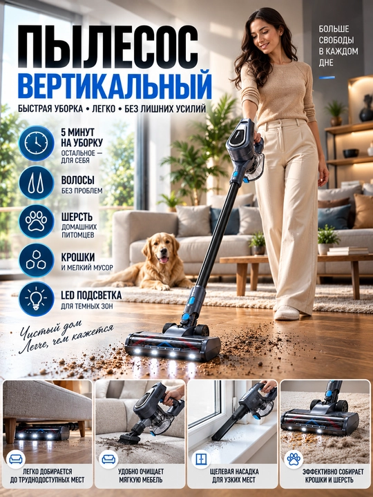 Мощный вертикальный пылесос для дома от немецкой компании BOHN, длина шнура 5 метров