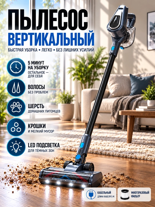 Мощный вертикальный пылесос для дома от немецкой компании BOHN, длина шнура 5 метров - 