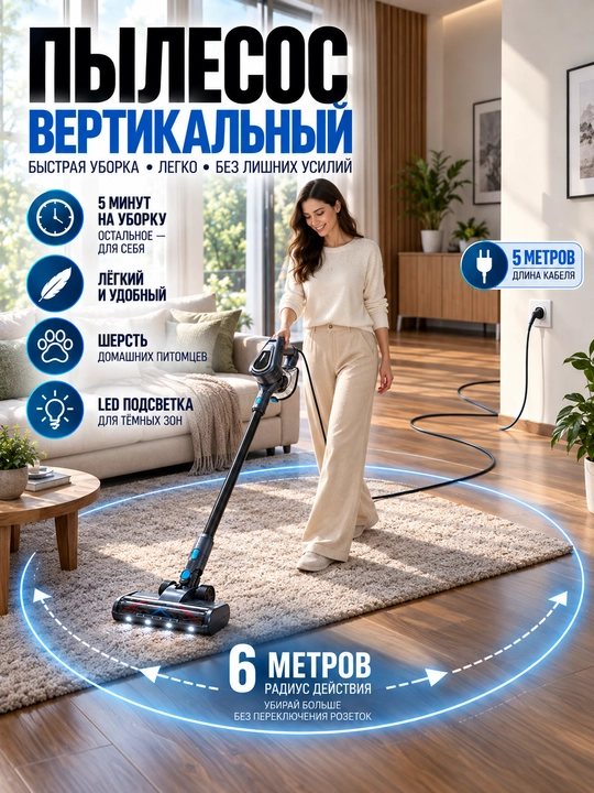 Мощный вертикальный пылесос для дома от немецкой компании BOHN, длина шнура 5 метров