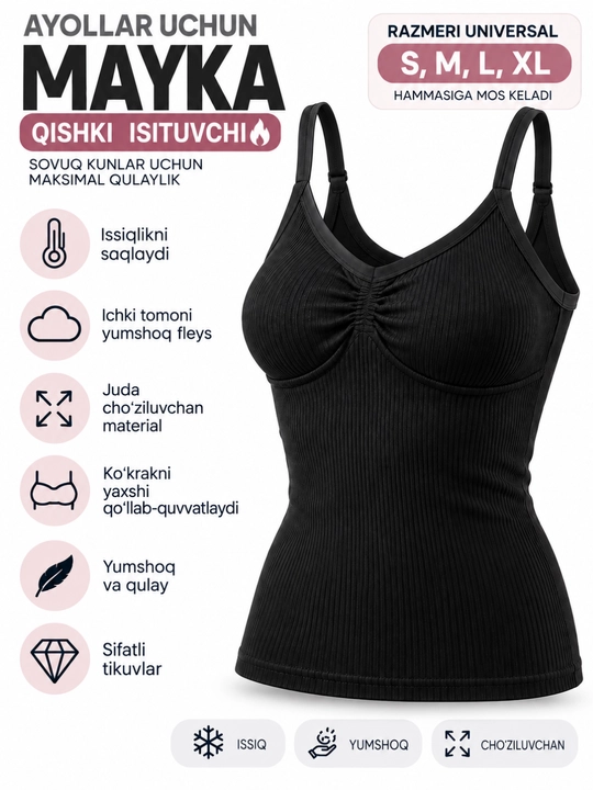 Bazaviy mayka-top, chashkalar bilan, universal o‘lcham, 40-52