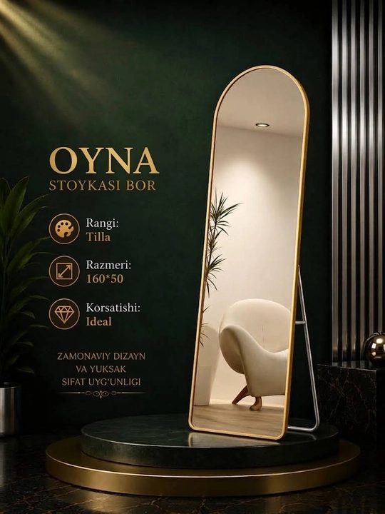 Oyna stoykasi bor, polga qo'yiladigan tilla ramkali zamonaviy ko'zgu, 160x50 sm - 