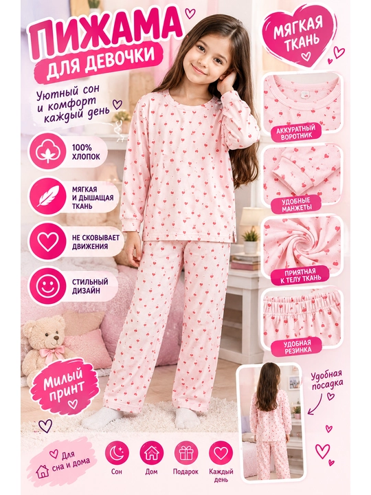 Qizlar uchun yurakchali pushti pijama - 