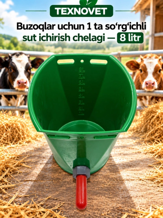 Buzoqlar uchun 1 ta so‘rg‘ichli sut ichirish chelagi — 8 litr