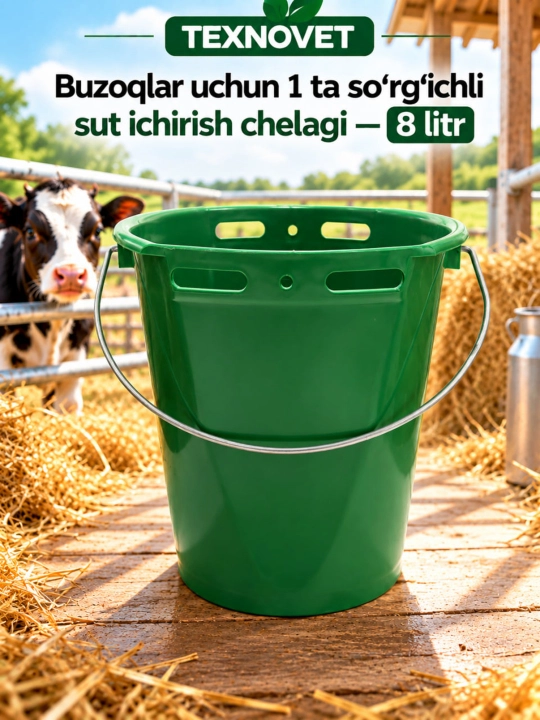 Buzoqlar uchun 1 ta so‘rg‘ichli sut ichirish chelagi — 8 litr