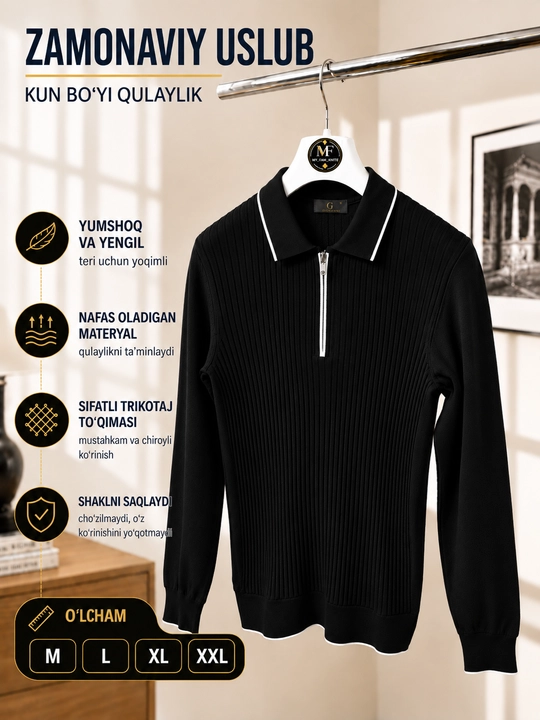 Erkaklar trikotaj jemper polo, yoqali, yarim zamokli, uzun yengli