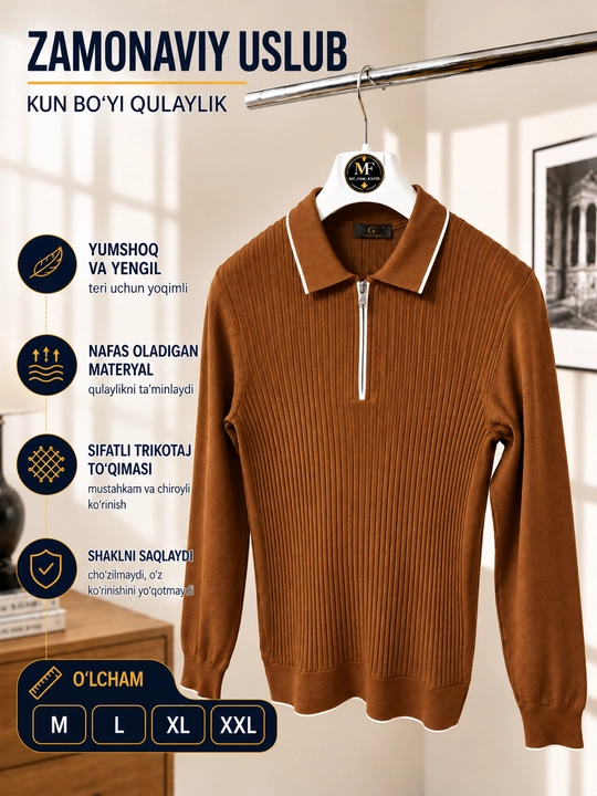 Erkaklar trikotaj jemper polo, yoqali, yarim zamokli, uzun yengli