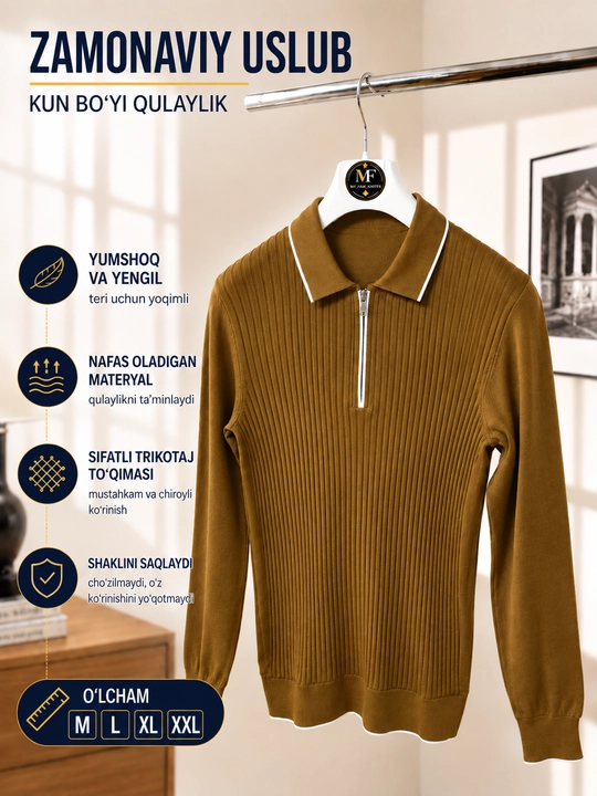 Erkaklar trikotaj jemper polo, yoqali, yarim zamokli, uzun yengli