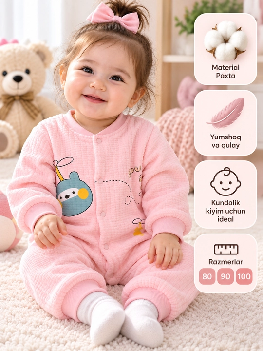 Bolalar kombinezoni, chaqaloq kiyimi, qizaloq kiyimi, paxta kiyim