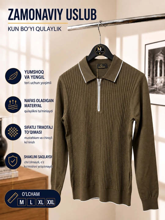 Erkaklar trikotaj jemper polo, yoqali, yarim zamokli, uzun yengli