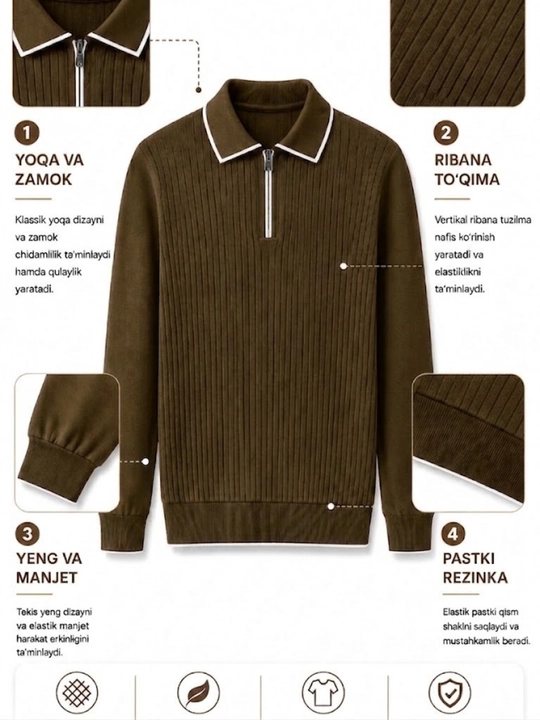 Erkaklar trikotaj jemper polo, yoqali, yarim zamokli, uzun yengli