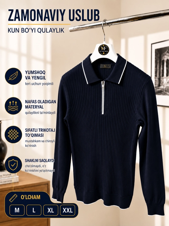 Erkaklar trikotaj jemper polo, yoqali, yarim zamokli, uzun yengli