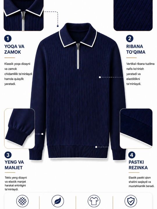 Erkaklar trikotaj jemper polo, yoqali, yarim zamokli, uzun yengli