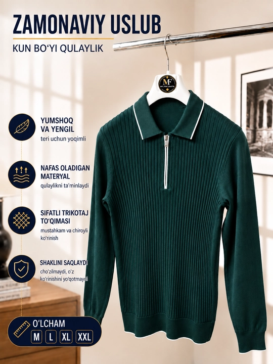Erkaklar trikotaj jemper polo, yoqali, yarim zamokli, uzun yengli