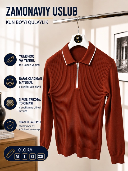 Erkaklar trikotaj jemper polo, yoqali, yarim zamokli, uzun yengli