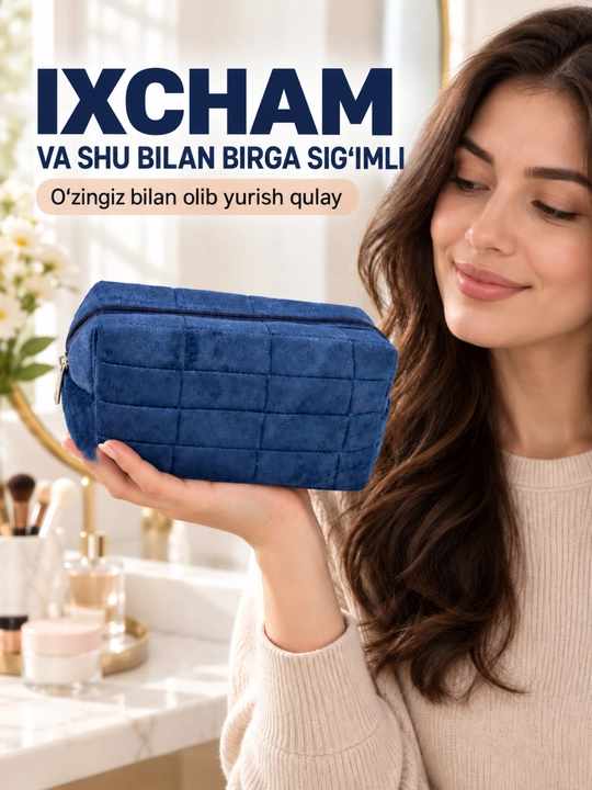 Ayollar kosmetichkasi zamokli, kosmetika va cho‘tkalar uchun sayohat organizatori