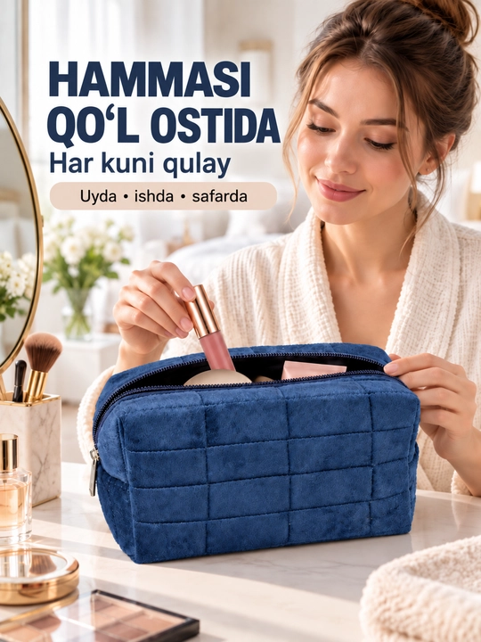 Ayollar kosmetichkasi zamokli, kosmetika va cho‘tkalar uchun sayohat organizatori