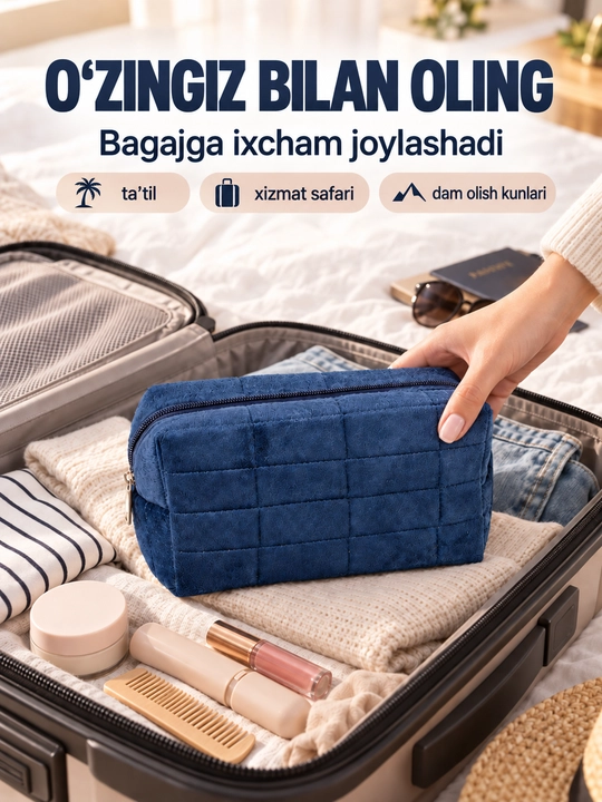 Ayollar kosmetichkasi zamokli, kosmetika va cho‘tkalar uchun sayohat organizatori