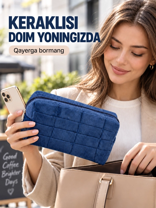 Ayollar kosmetichkasi zamokli, kosmetika va cho‘tkalar uchun sayohat organizatori