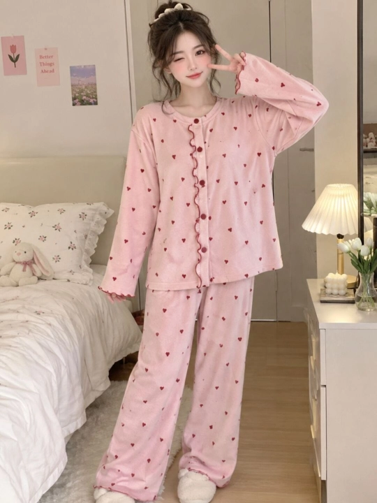 Ayollar uchun pushti yurakchali pijama uy kiyimi, pijama - 