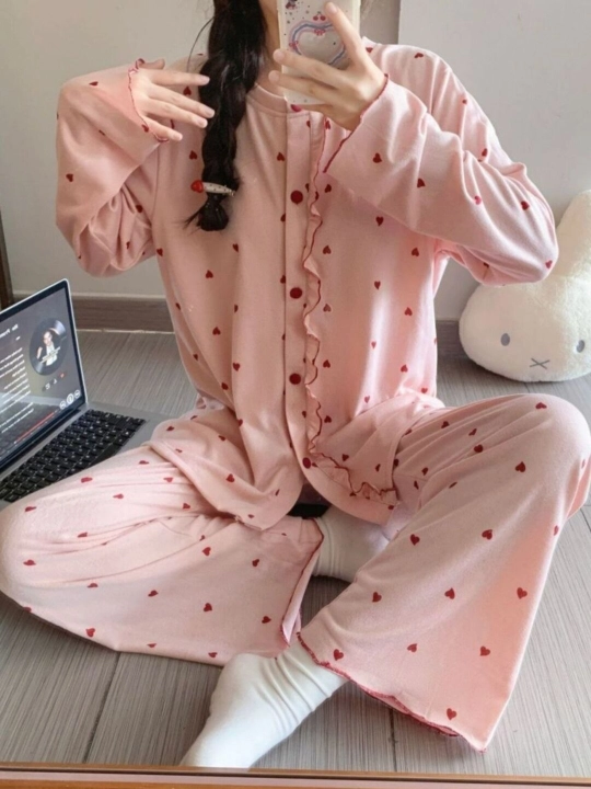 Ayollar uchun pushti yurakchali pijama uy kiyimi, pijama