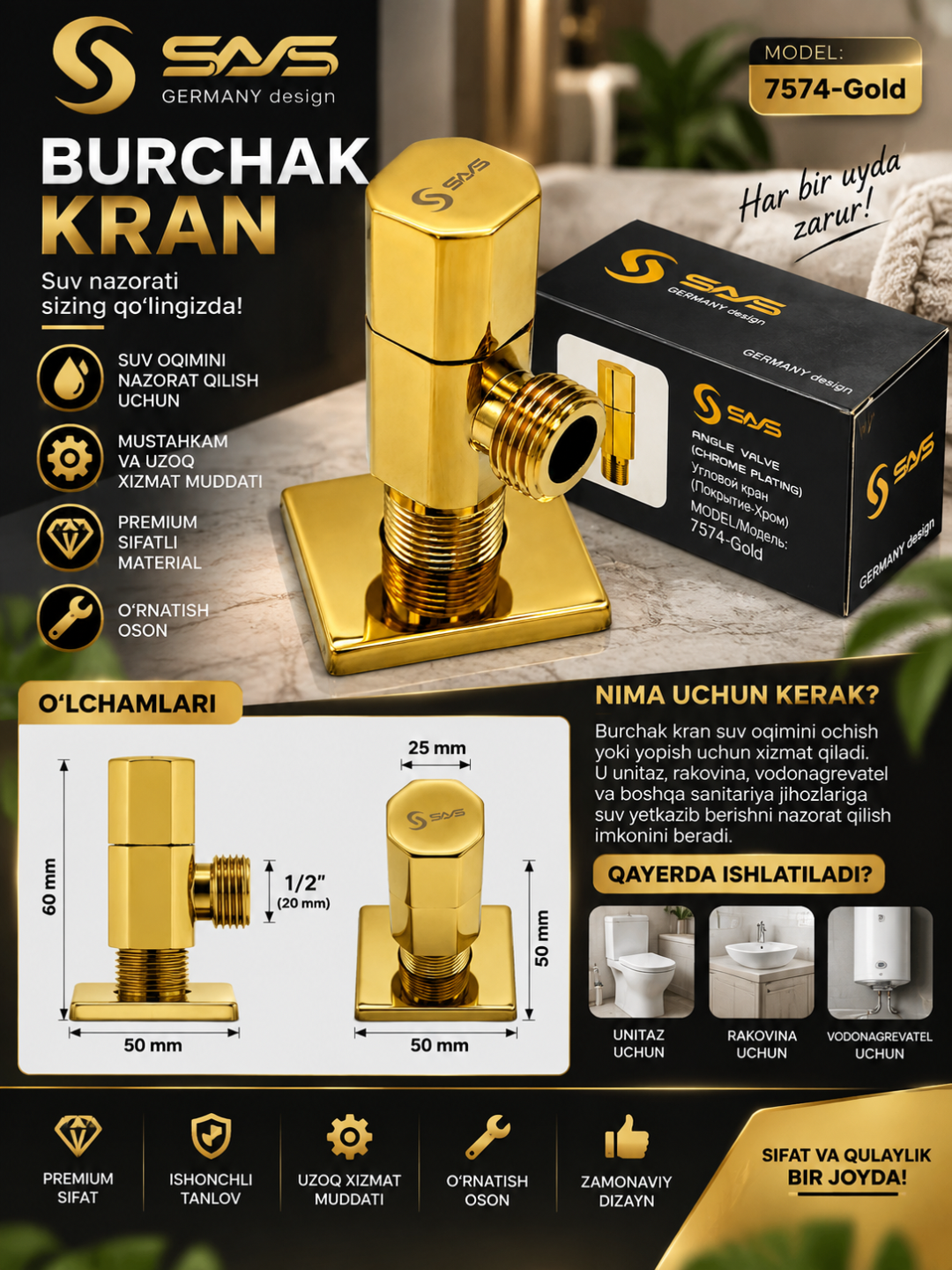 Qora burchakli ventil suv krani 1/2 santexnika uchun yopish ochish krani