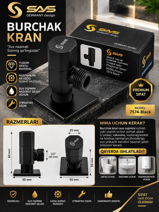 Qora burchakli ventil suv krani 1/2 santexnika uchun yopish ochish krani