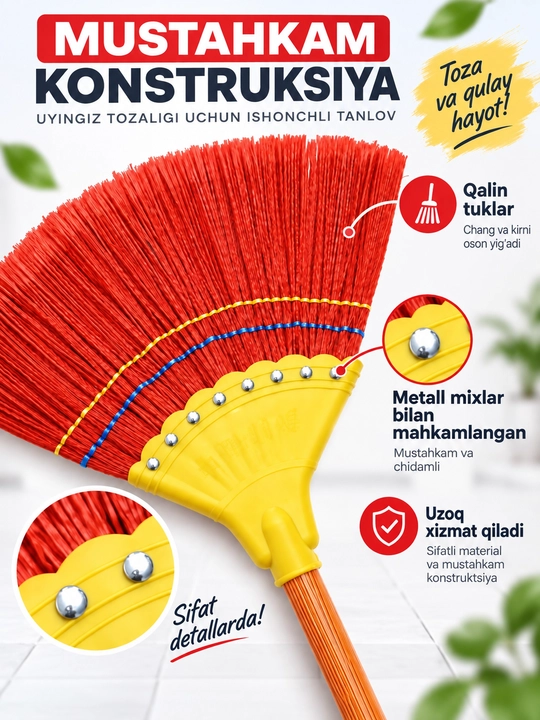 RABO supurgi, mustahkam plastik tutqich, kapron cho‘tka, uy va balkon uchun