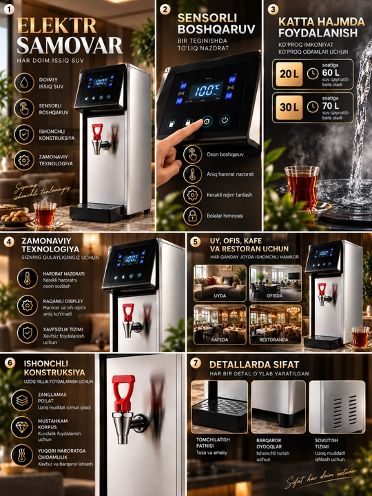 Elektr samovar, suv qaynatgich, avtomatik suv tortish, sensorli boshqaruv