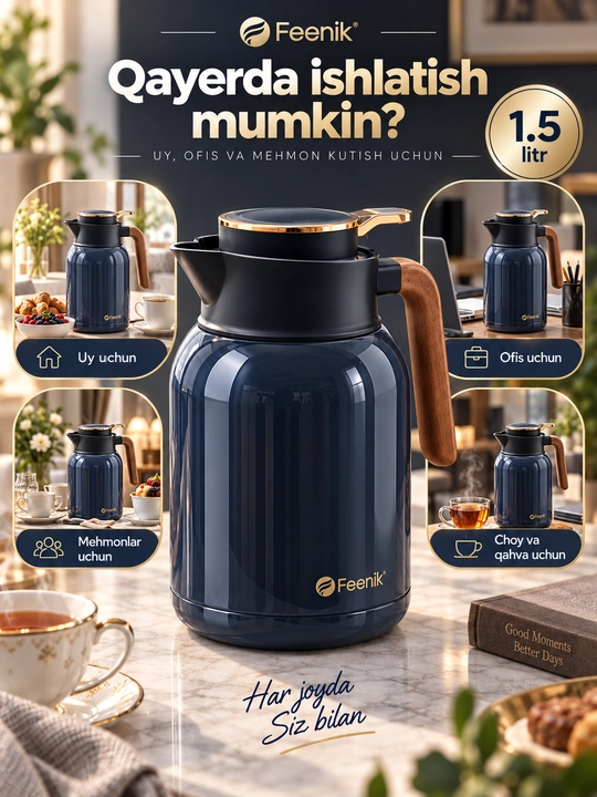 Termos choynak Feenik, vakuumli ichimlik idishi, ko‘k rang, 1.5 litr