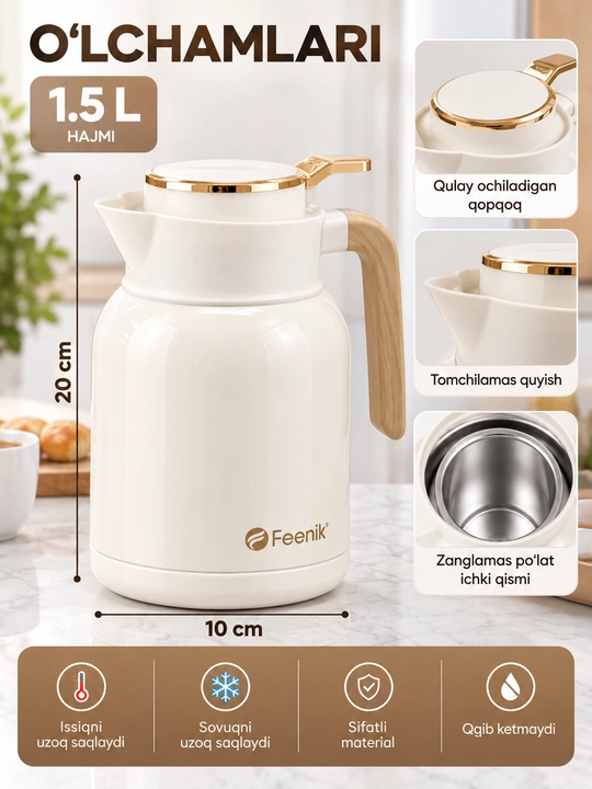 Termos choynak Feenik, vakuumli ichimlik idishi, ko‘k rang, 1.5 litr