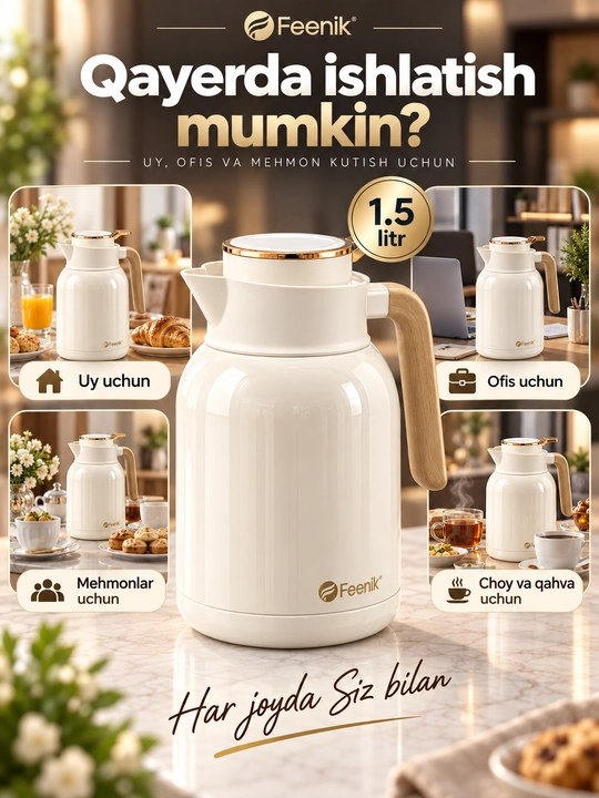 Termos choynak Feenik, vakuumli ichimlik idishi, ko‘k rang, 1.5 litr