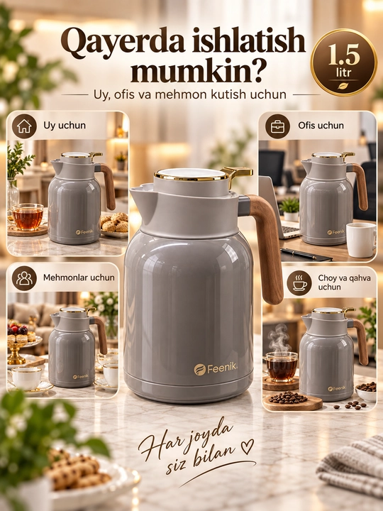Termos choynak Feenik, vakuumli ichimlik idishi, ko‘k rang, 1.5 litr