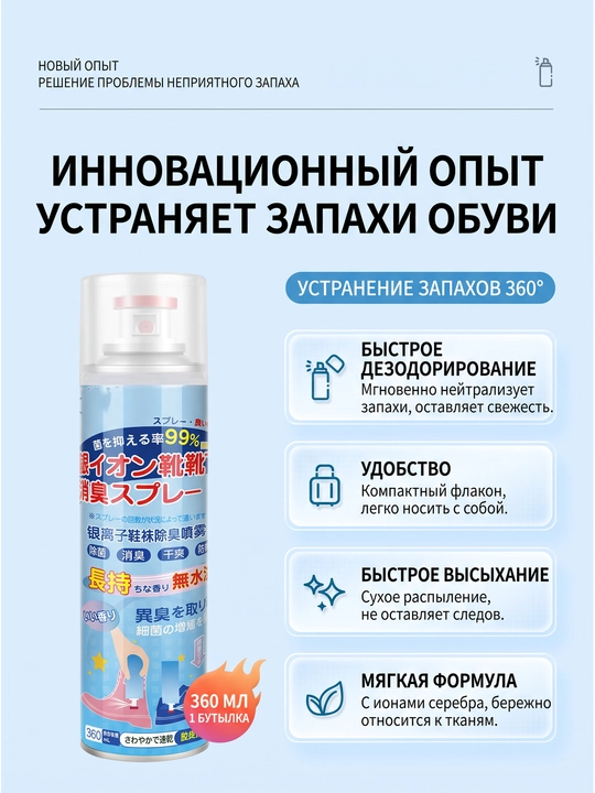 Poyabzal va paypoqlar uchun dezodorant sprey, antibakterial, 360 ml