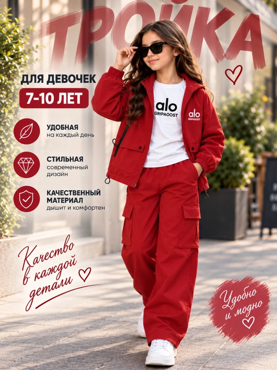 Комплект для девочки 7-10 лет, ветровка, футболка и брюки, осенняя одеж - 