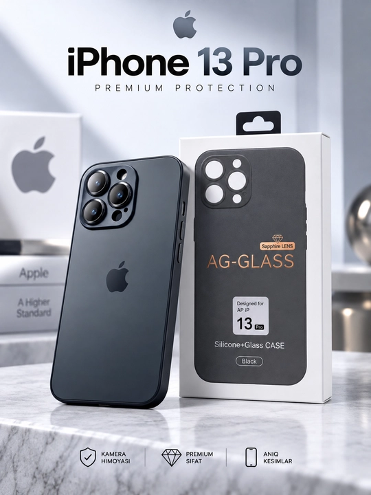 IPhone 13 Pro chexol, silikon + shisha, kamera himoyasi, premium, zarbaga chidamli