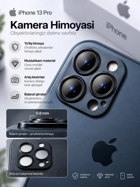 IPhone 13 Pro chexol, silikon + shisha, kamera himoyasi, premium, zarbaga chidamli