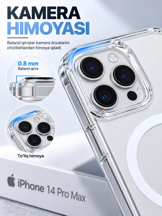 IPhone 14 Pro Max chexol, shaffof MagSafe, kamera himoyali, zarbaga chidamli g‘ilof